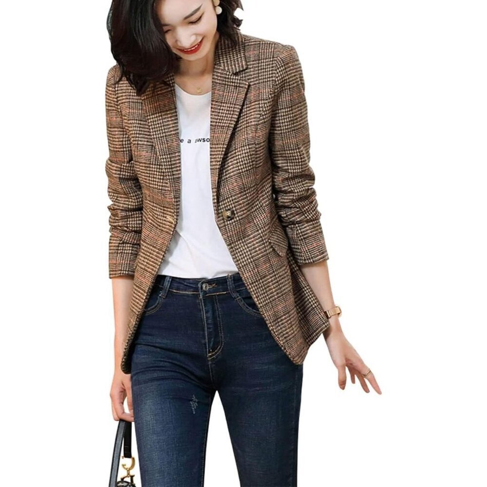 Ebossy Blazer Women Brown Notch Lapel 2Button Suit Houndstooth Plaid Jacket Coat - Picture 4 of 5